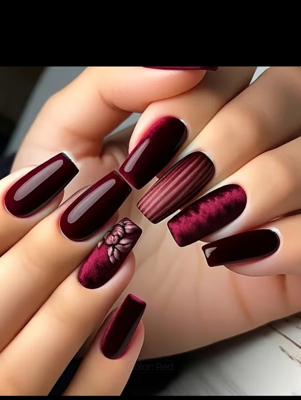 🔥3/$21 Deep Wine Red Velvet Press On Nail Set - Women Makeup
